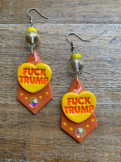 Fuck Trump Protest Activist Earrings Liberal Art Deco Neon Orange & Yellow Clip On Ear Hangers