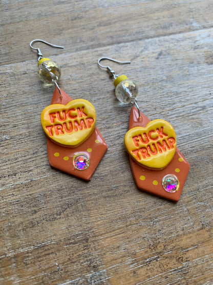 Fuck Trump Protest Activist Earrings Liberal Art Deco Neon Orange & Yellow Clip On Ear Hangers
