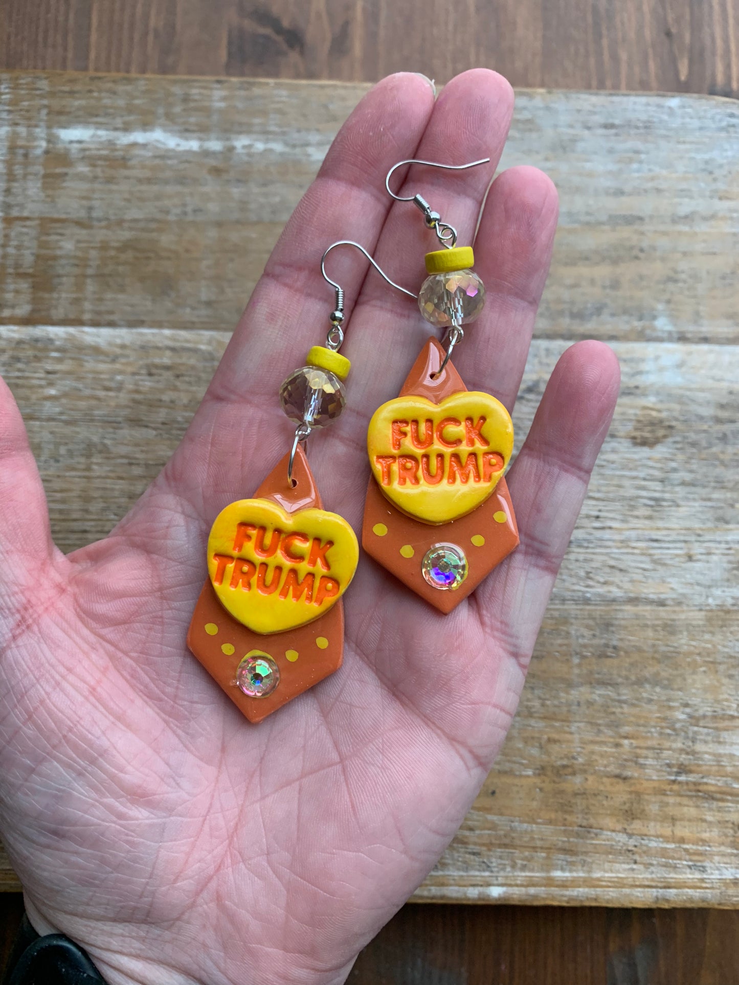 Fuck Trump Protest Activist Earrings Liberal Art Deco Neon Orange & Yellow Clip On Ear Hangers