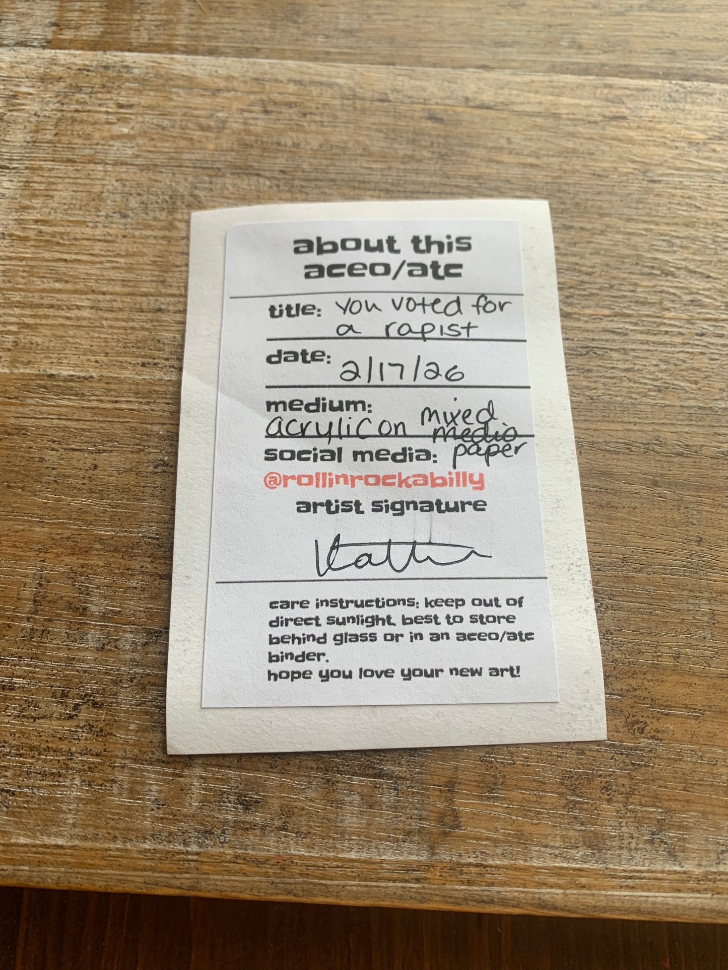 Original ACEO Acrylic Painting 2.5x3.5 Anti Trump “You Voted for a Rapist”