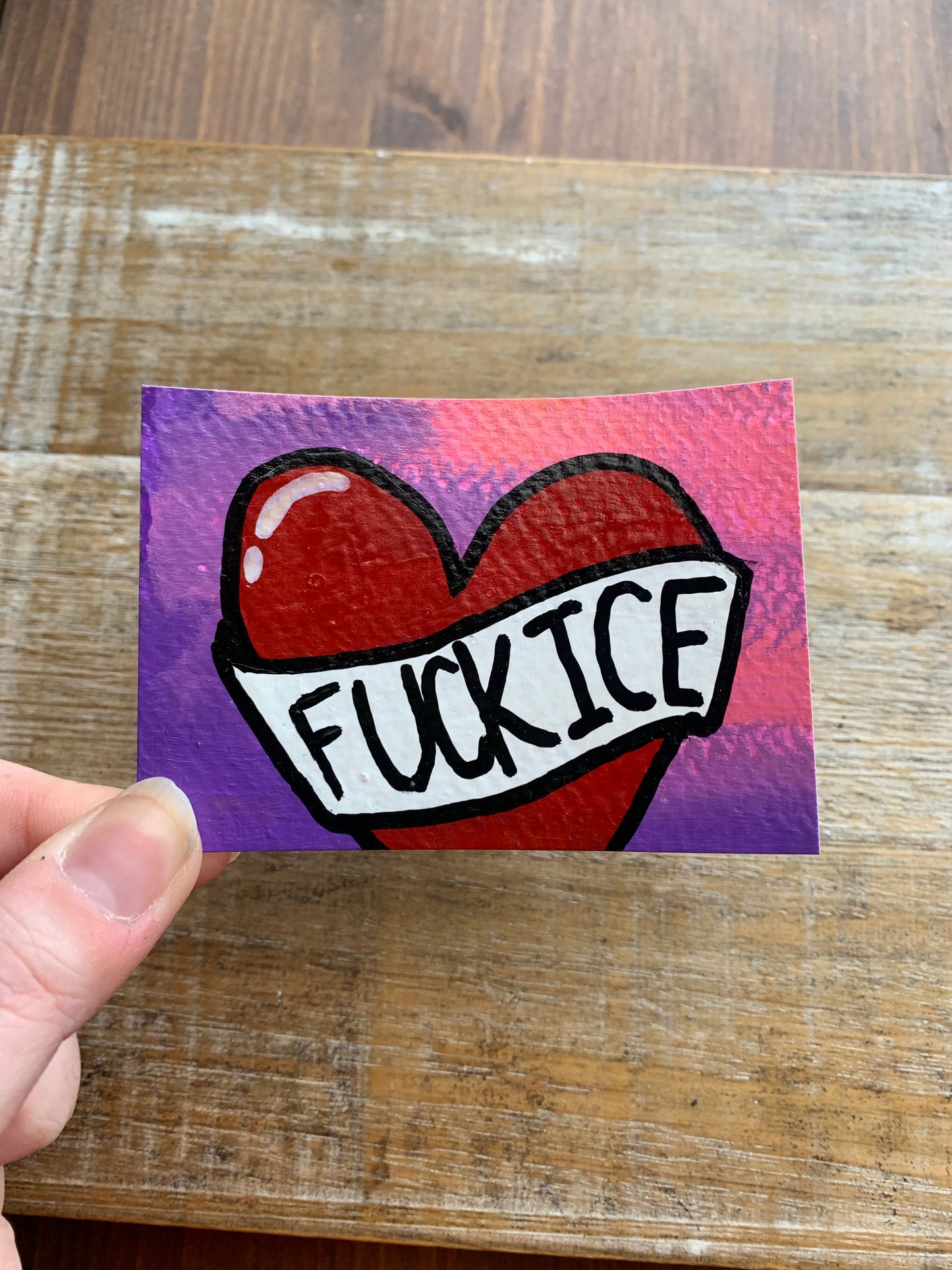 Original ACEO Acrylic Painting 2.5x3.5 Tattoo Anti ICE “Fuck Ice Heart”