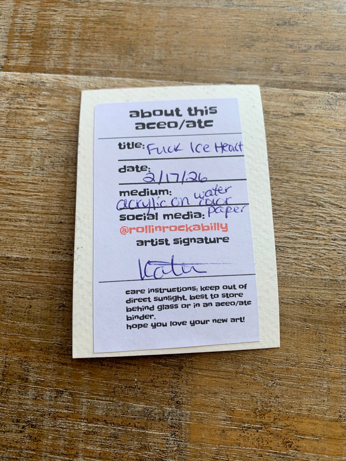 Original ACEO Acrylic Painting 2.5x3.5 Tattoo Anti ICE “Fuck Ice Heart”