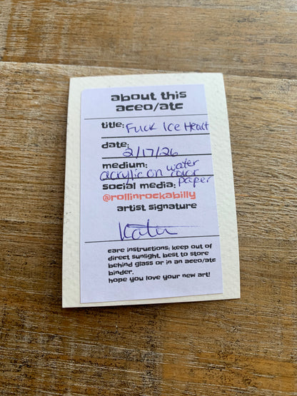 Original ACEO Acrylic Painting 2.5x3.5 Tattoo Anti ICE “Fuck Ice Heart”