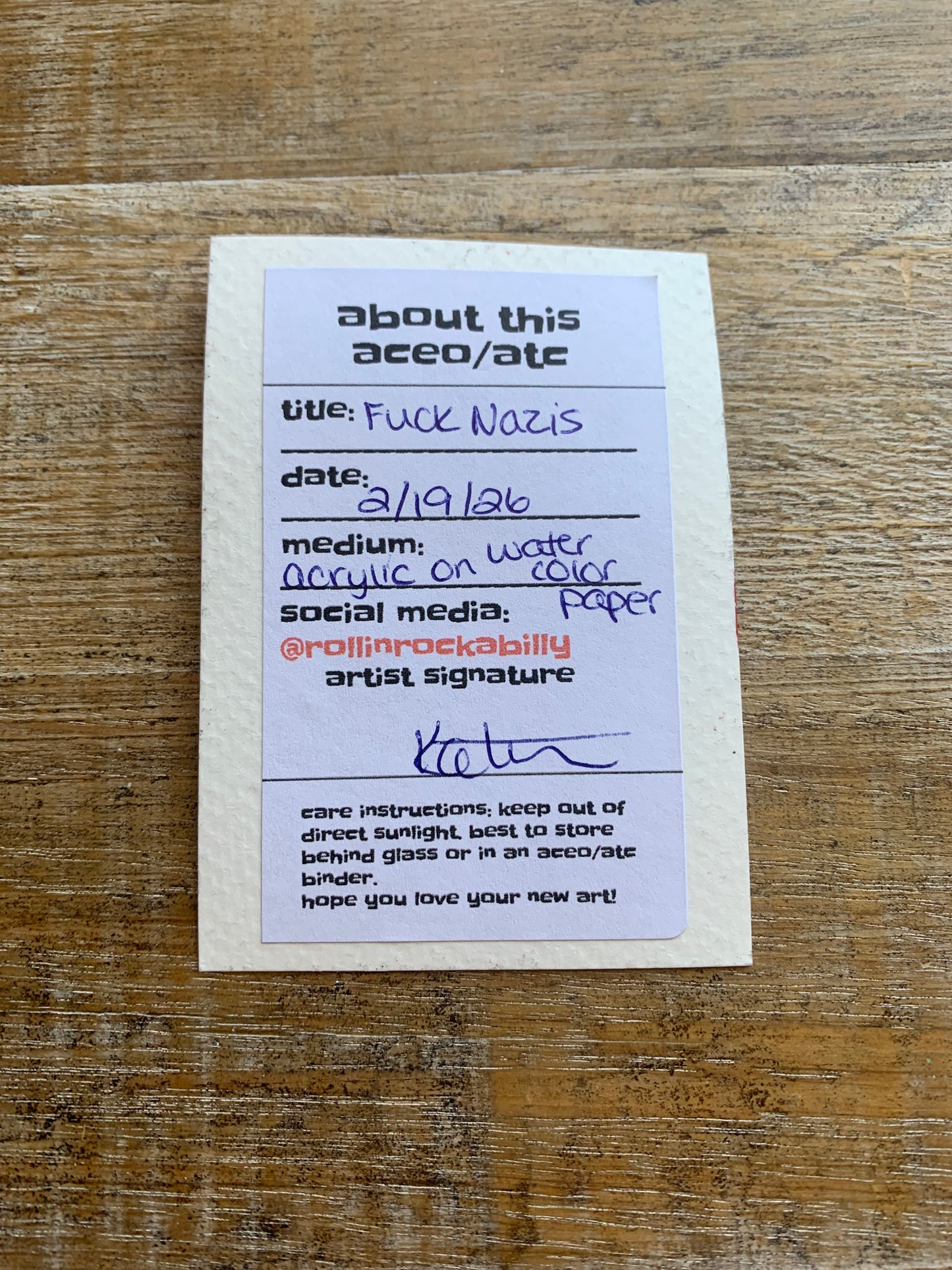 Original ACEO Acrylic Painting 2.5x3.5 Tattoo Anti Nazi “Fuck Nazis”