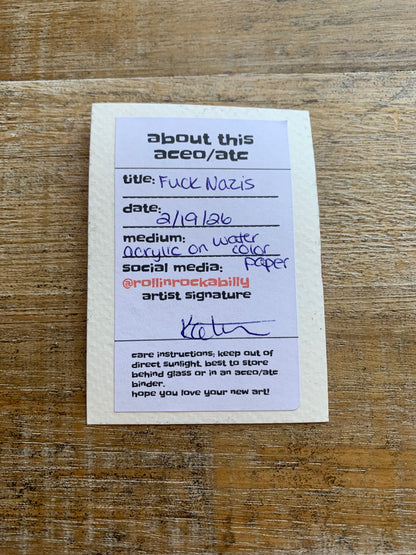 Original ACEO Acrylic Painting 2.5x3.5 Tattoo Anti Nazi “Fuck Nazis”