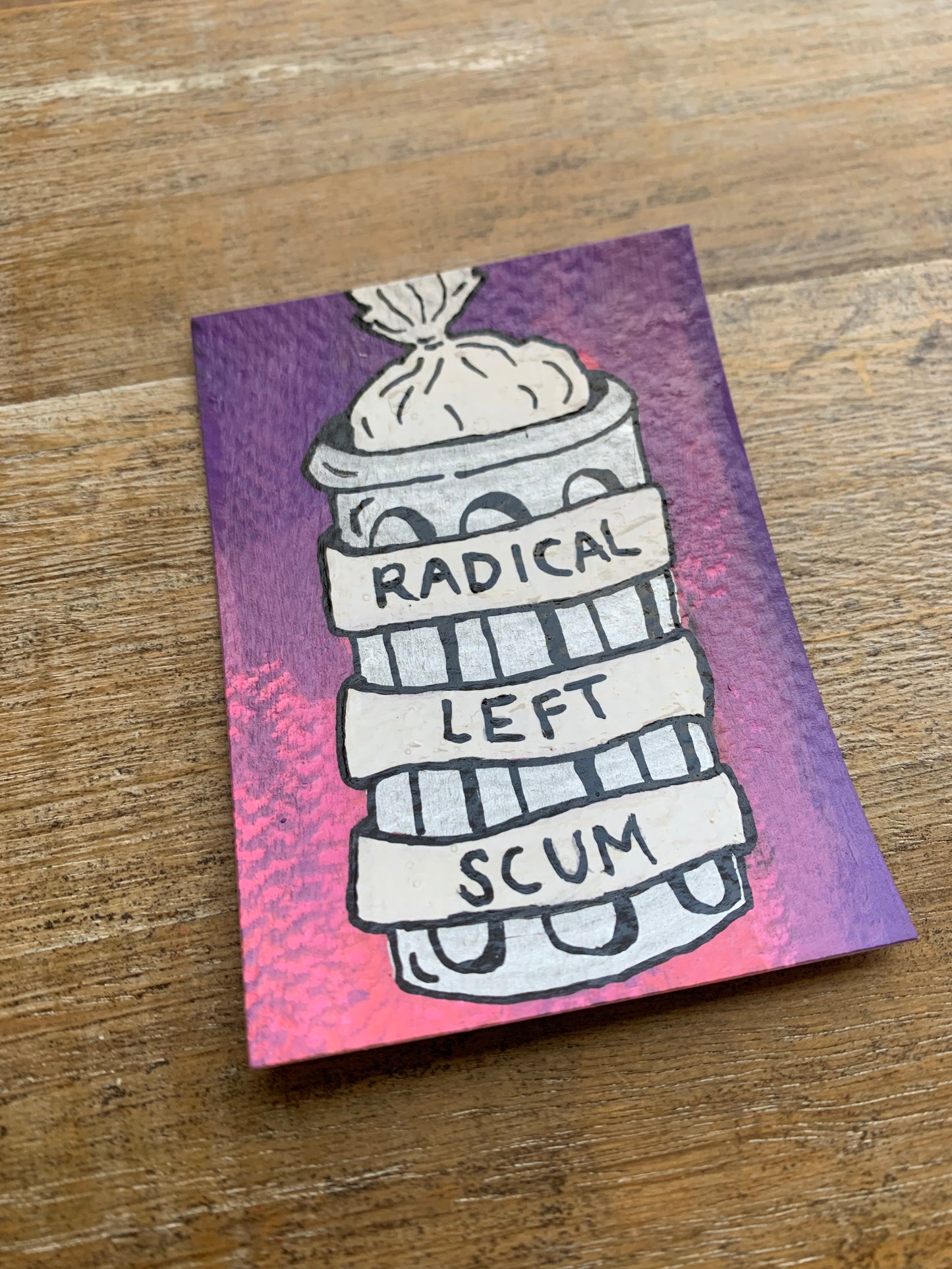 Original ACEO Acrylic Painting 2.5x3.5 Trash Can “Radical Left Scum”