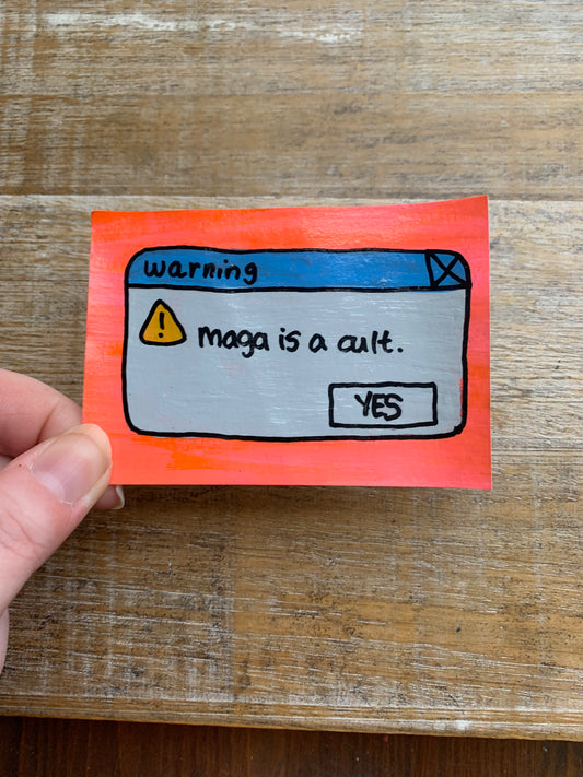 Original ACEO Acrylic Painting 2.5x3.5 Nostalgic Computer Warning “MAGA Warning”