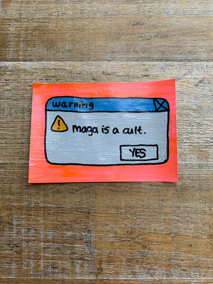 Original ACEO Acrylic Painting 2.5x3.5 Nostalgic Computer Warning “MAGA Warning”
