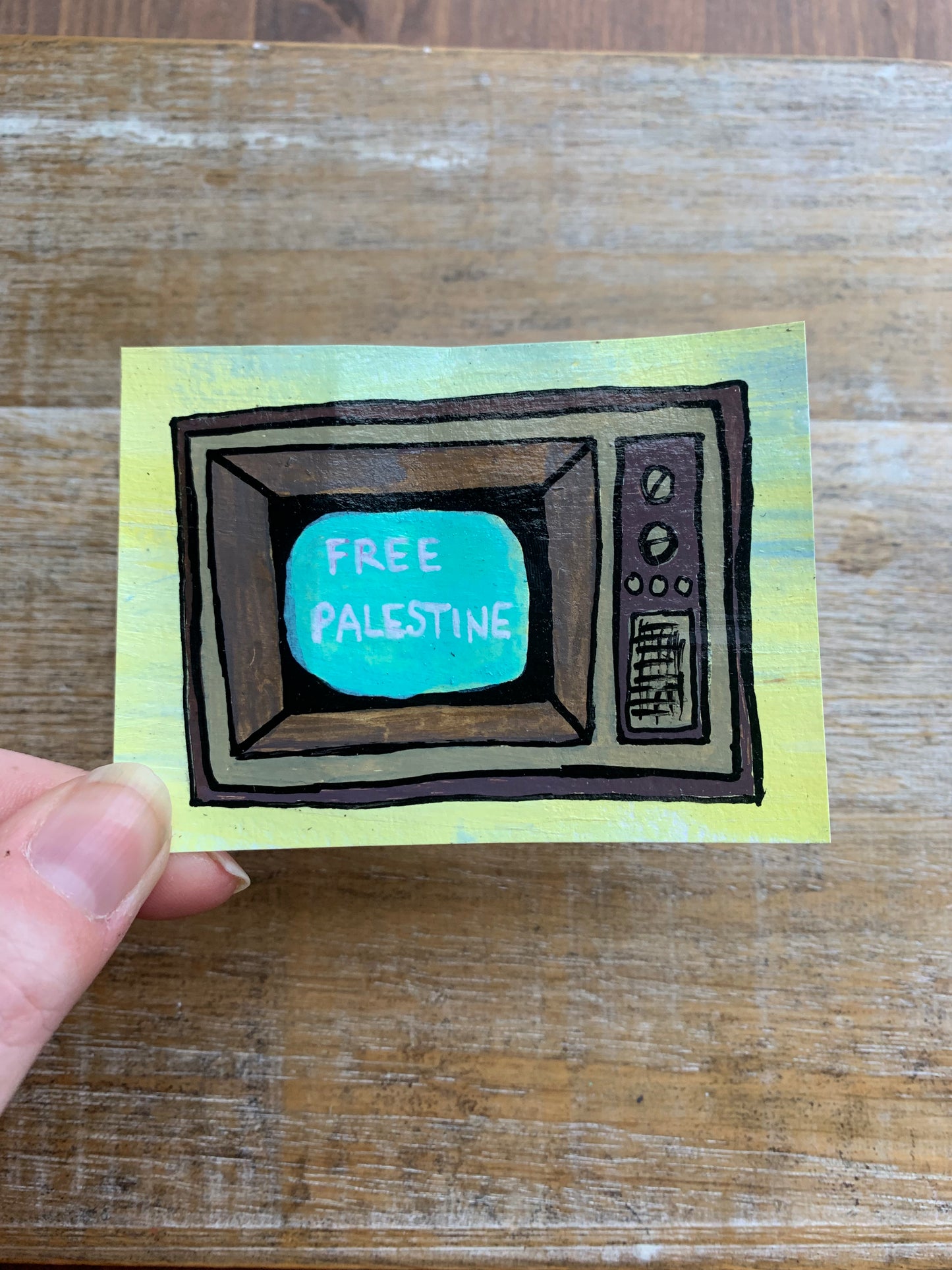 As-Is Original ACEO Acrylic Painting 2.5x3.5 Free Palestine Retro TV “News Report”