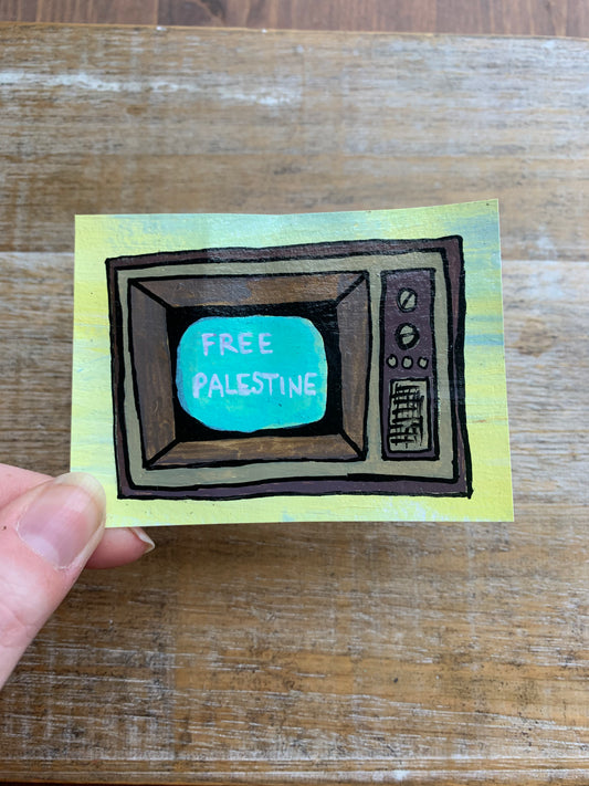 As-Is Original ACEO Acrylic Painting 2.5x3.5 Free Palestine Retro TV “News Report”