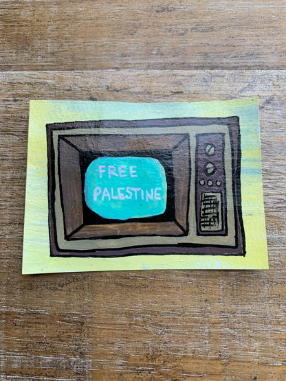 As-Is Original ACEO Acrylic Painting 2.5x3.5 Free Palestine Retro TV “News Report”