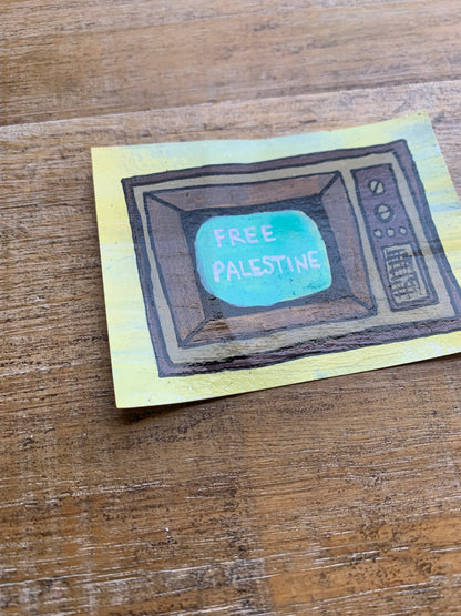 As-Is Original ACEO Acrylic Painting 2.5x3.5 Free Palestine Retro TV “News Report”