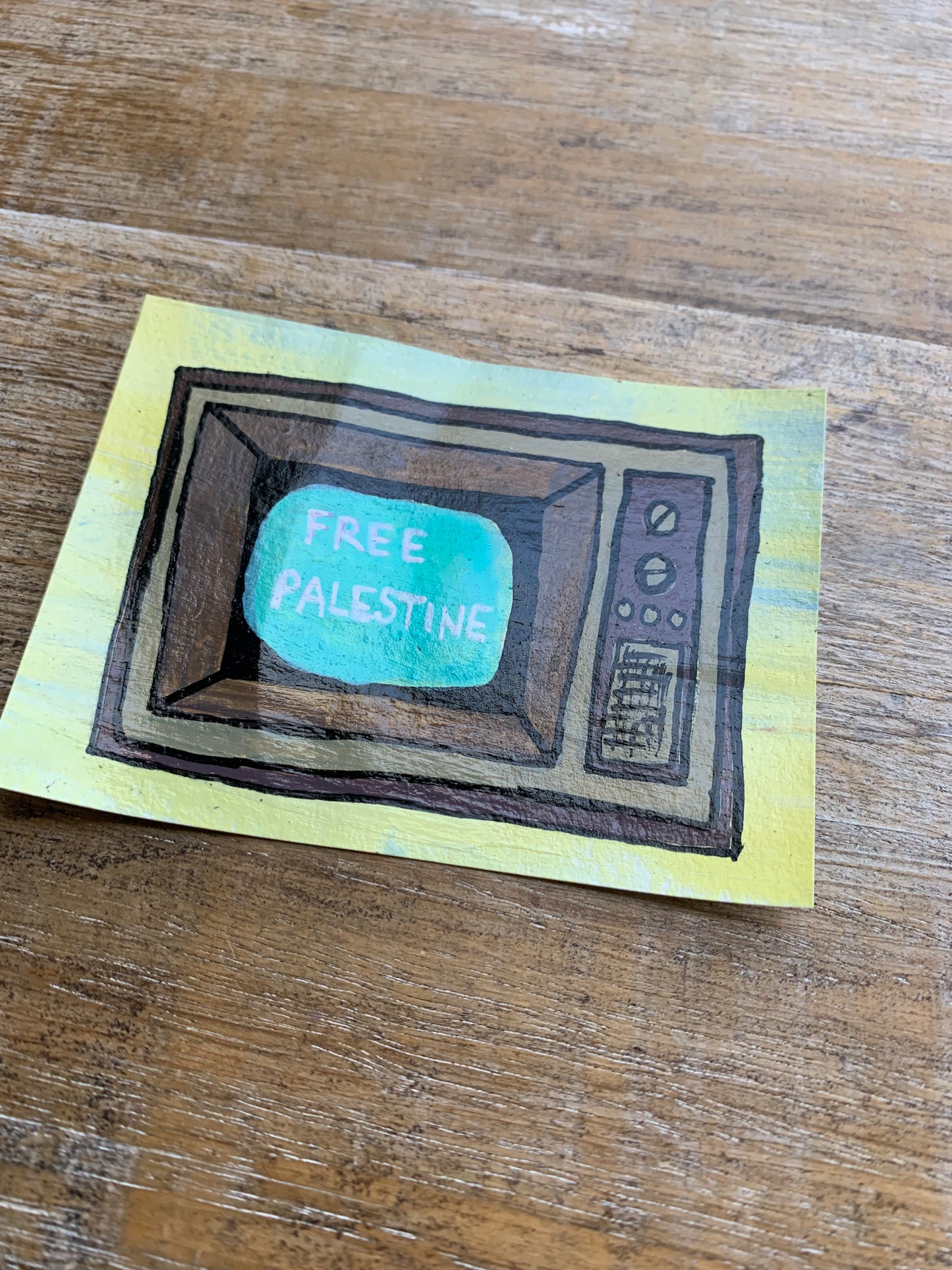 As-Is Original ACEO Acrylic Painting 2.5x3.5 Free Palestine Retro TV “News Report”