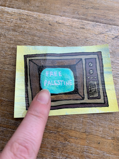 As-Is Original ACEO Acrylic Painting 2.5x3.5 Free Palestine Retro TV “News Report”