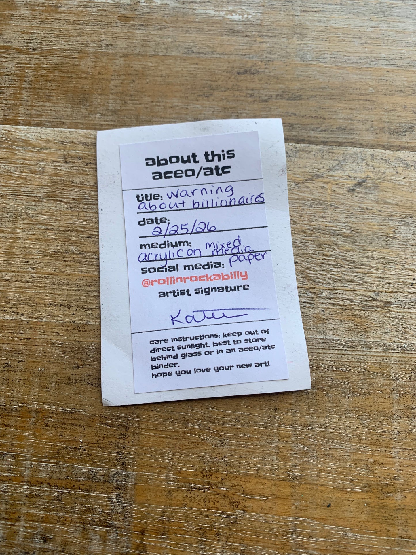 Original ACEO Acrylic Painting 2.5x3.5 Billionaires Are Not Our Friends “Warning About Billionaires”