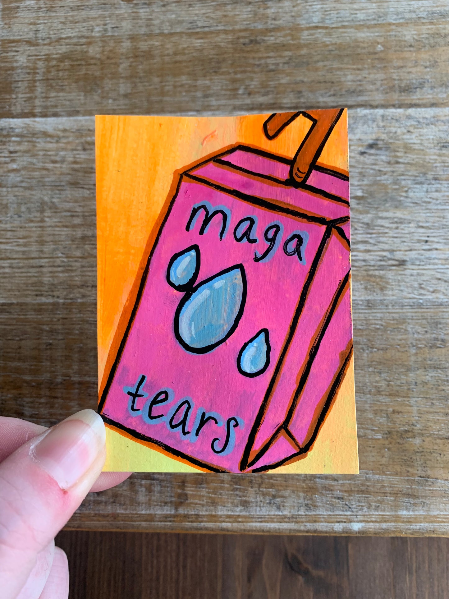 Original ACEO Acrylic Painting 2.5x3.5 MAGA Tears Juice Box  “MAGA Juice”