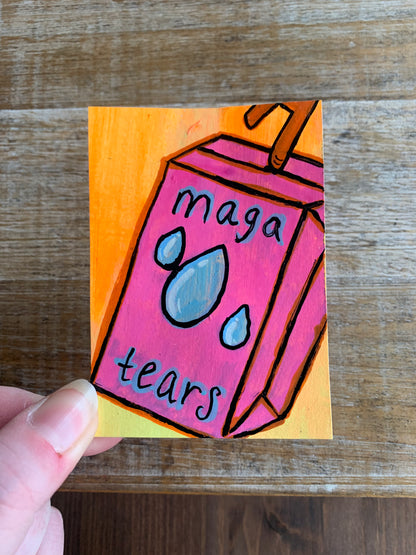 Original ACEO Acrylic Painting 2.5x3.5 MAGA Tears Juice Box  “MAGA Juice”
