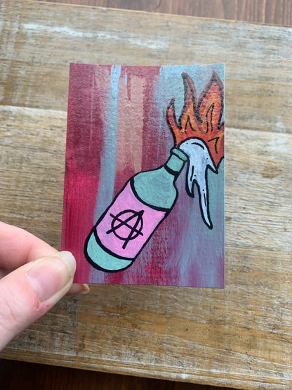 Original ACEO Acrylic Painting 2.5x3.5 Anarchy Molotov Cocktail Bottle “Violence IS the Answer”