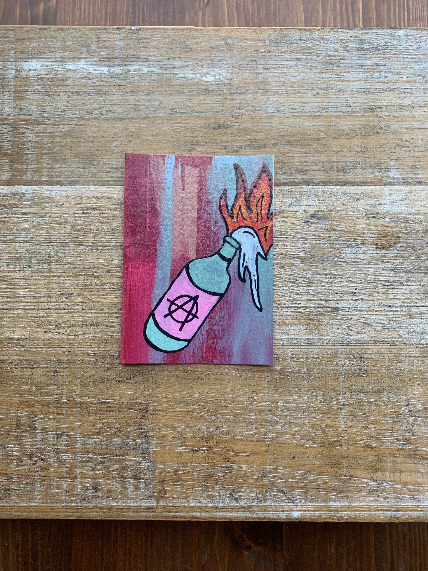 Original ACEO Acrylic Painting 2.5x3.5 Anarchy Molotov Cocktail Bottle “Violence IS the Answer”
