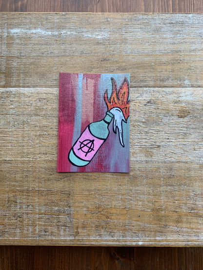 Original ACEO Acrylic Painting 2.5x3.5 Anarchy Molotov Cocktail Bottle “Violence IS the Answer”