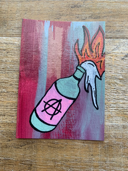 Original ACEO Acrylic Painting 2.5x3.5 Anarchy Molotov Cocktail Bottle “Violence IS the Answer”