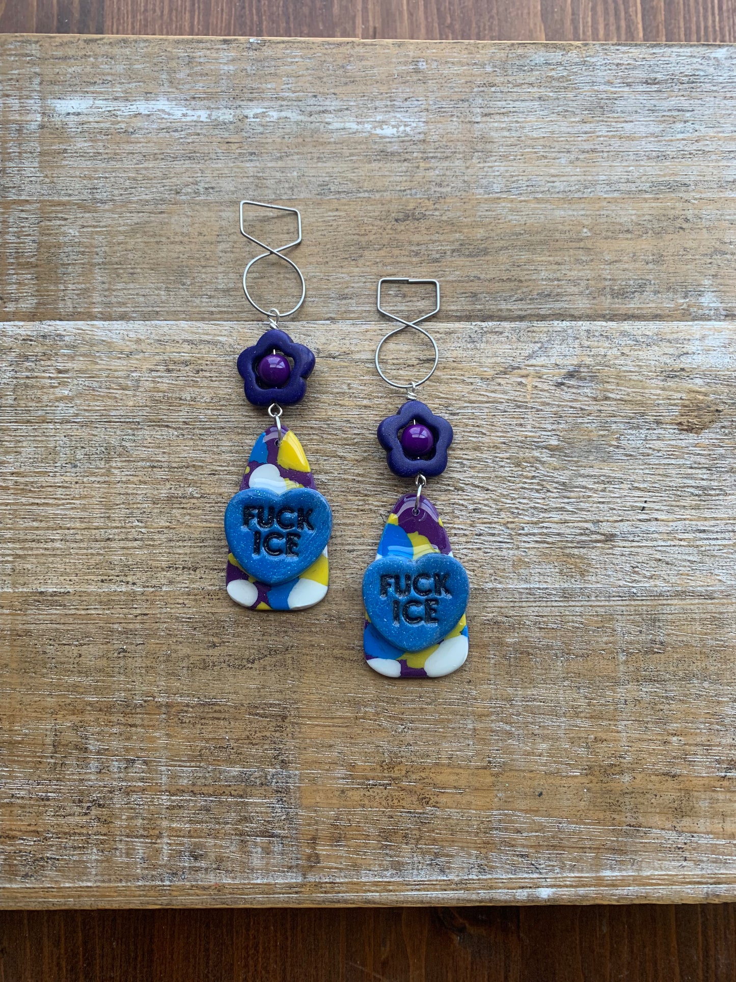 Fuck Ice Protest Activist Tunnel Gauge Earrings Liberal Clip On Earrings Purple & Blue