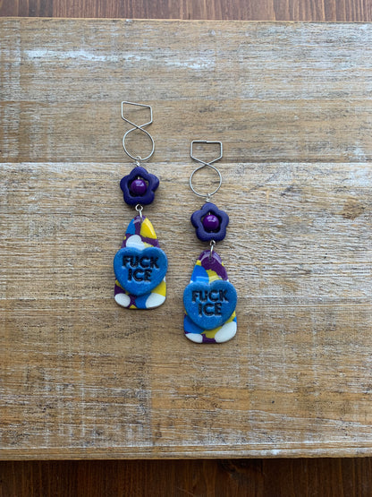 Fuck Ice Protest Activist Tunnel Gauge Earrings Liberal Clip On Earrings Purple & Blue