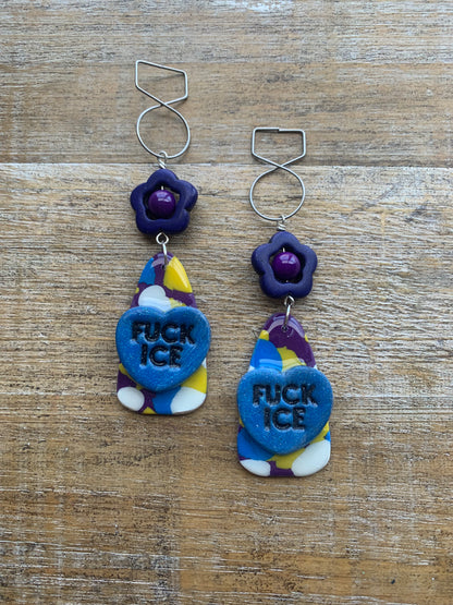 Fuck Ice Protest Activist Tunnel Gauge Earrings Liberal Clip On Earrings Purple & Blue