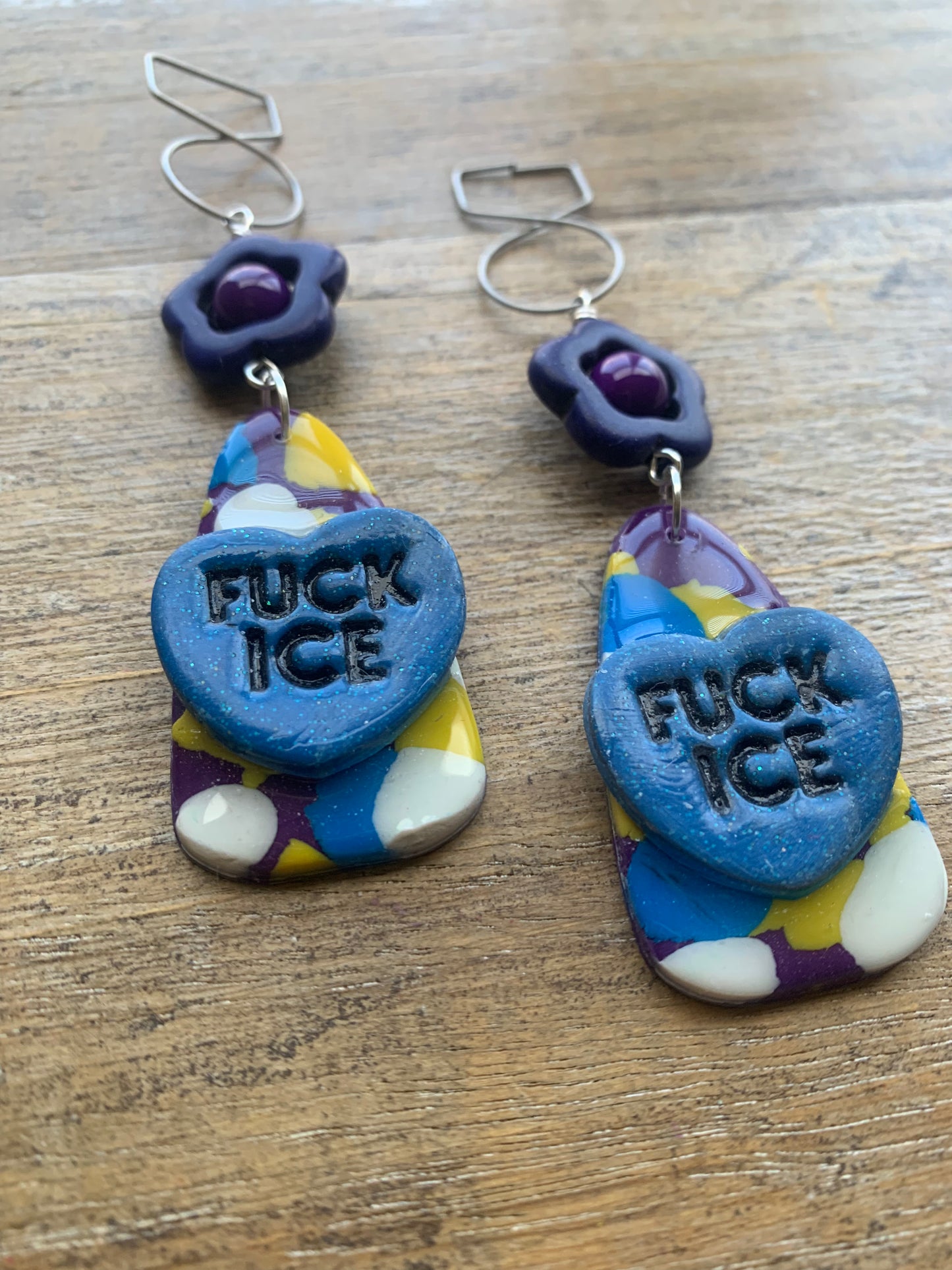 Fuck Ice Protest Activist Tunnel Gauge Earrings Liberal Clip On Earrings Purple & Blue