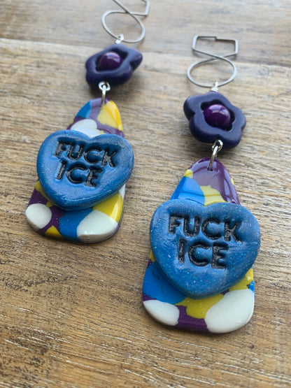 Fuck Ice Protest Activist Tunnel Gauge Earrings Liberal Clip On Earrings Purple & Blue
