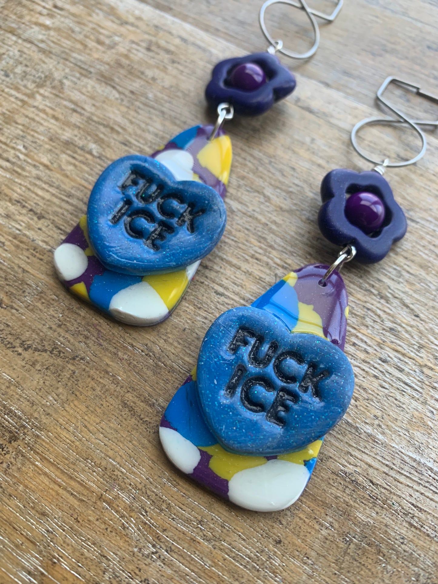 Fuck Ice Protest Activist Tunnel Gauge Earrings Liberal Clip On Earrings Purple & Blue