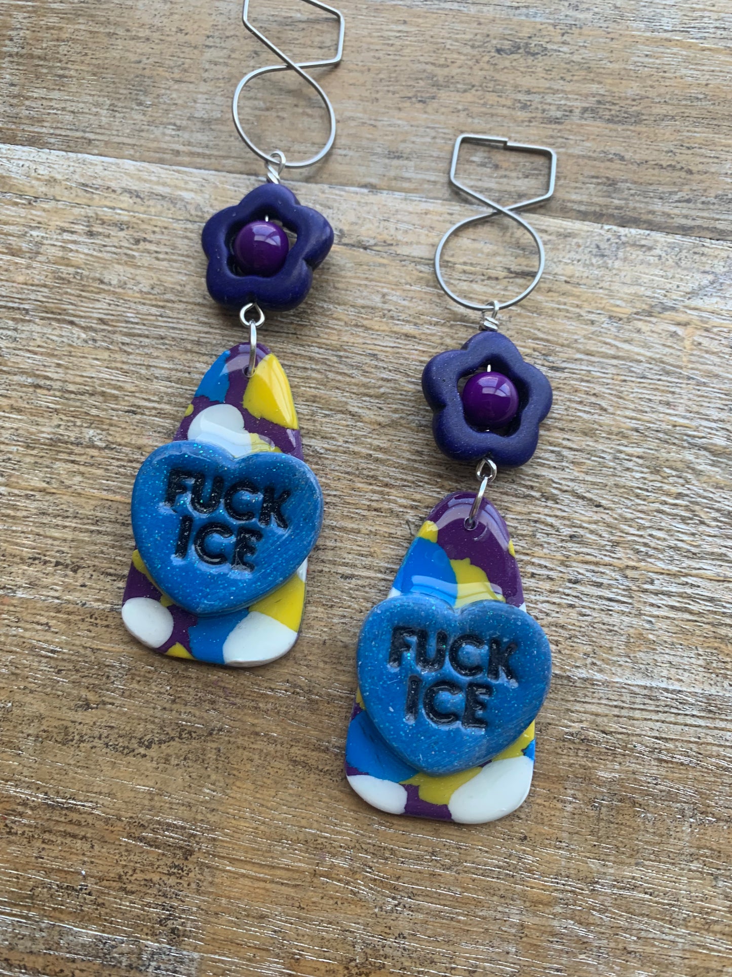 Fuck Ice Protest Activist Tunnel Gauge Earrings Liberal Clip On Earrings Purple & Blue