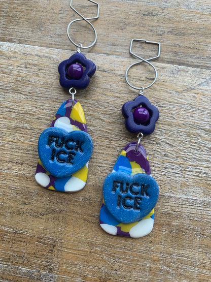 Fuck Ice Protest Activist Tunnel Gauge Earrings Liberal Clip On Earrings Purple & Blue