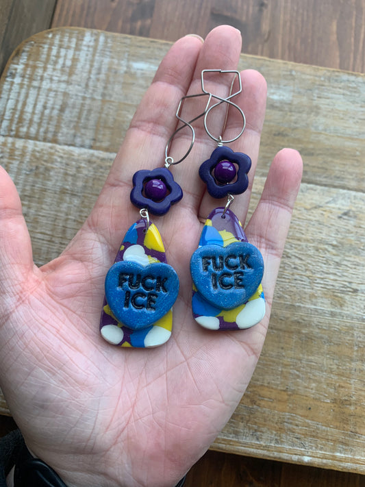 Fuck Ice Protest Activist Tunnel Gauge Earrings Liberal Clip On Earrings Purple & Blue