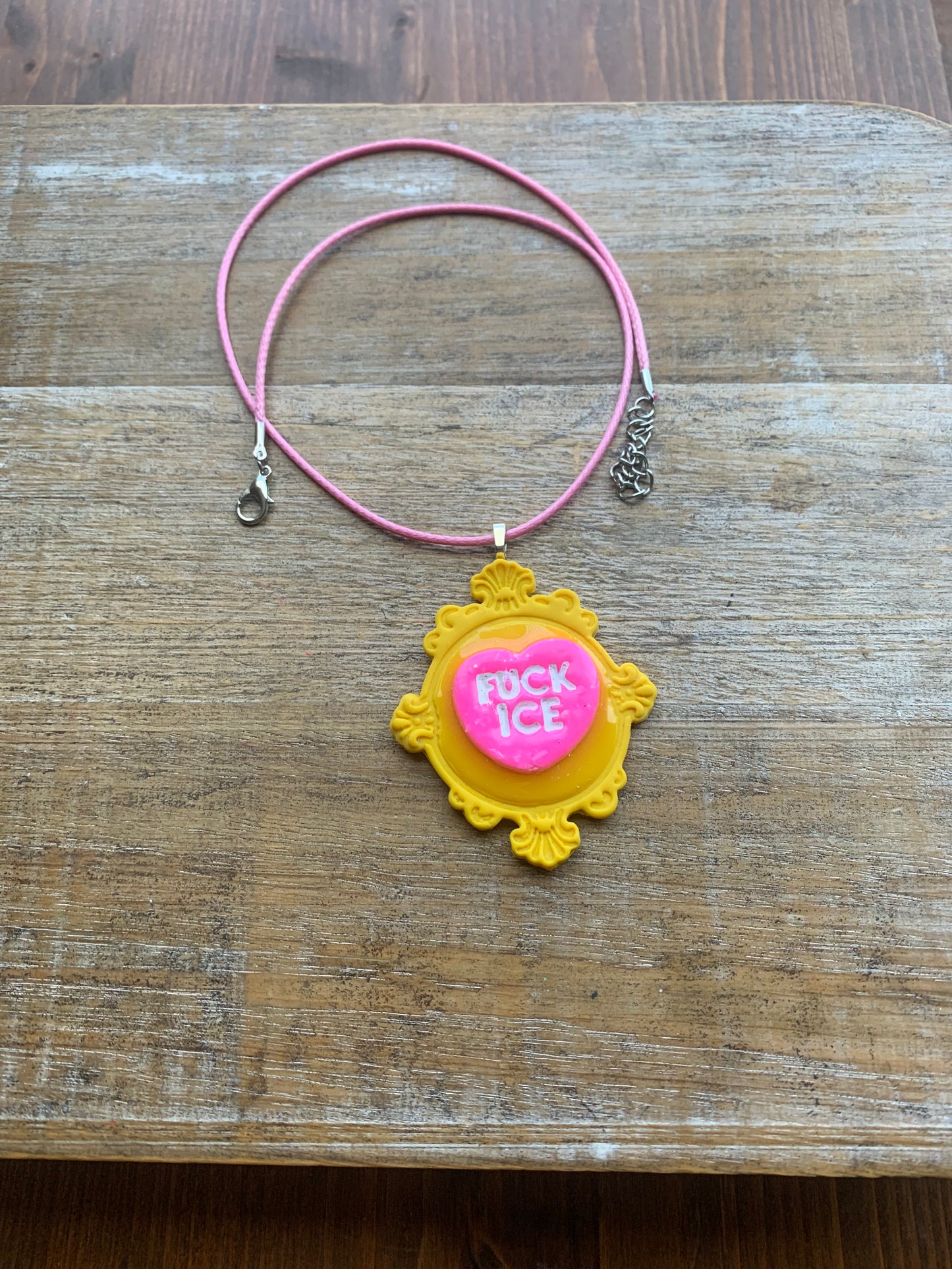 Fuck Ice Neon Cameo Frame Clay Corded Pink & Yellow Protest Necklace