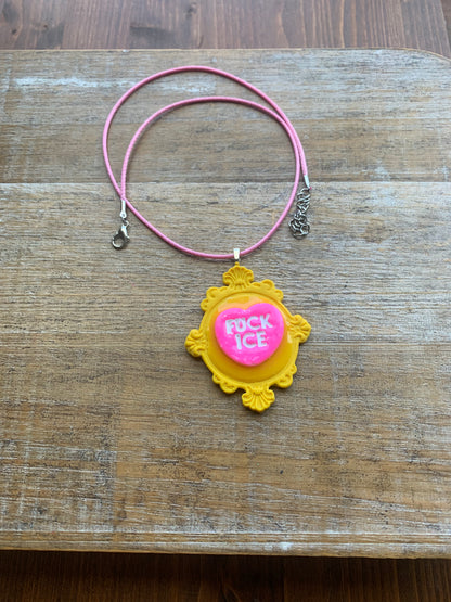 Fuck Ice Neon Cameo Frame Clay Corded Pink & Yellow Protest Necklace