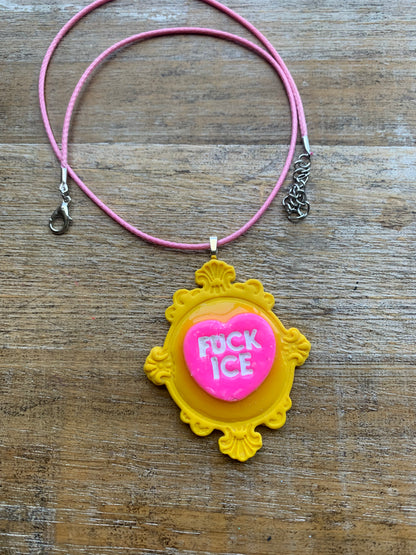 Fuck Ice Neon Cameo Frame Clay Corded Pink & Yellow Protest Necklace