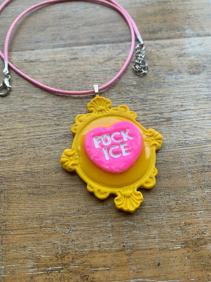 Fuck Ice Neon Cameo Frame Clay Corded Pink & Yellow Protest Necklace