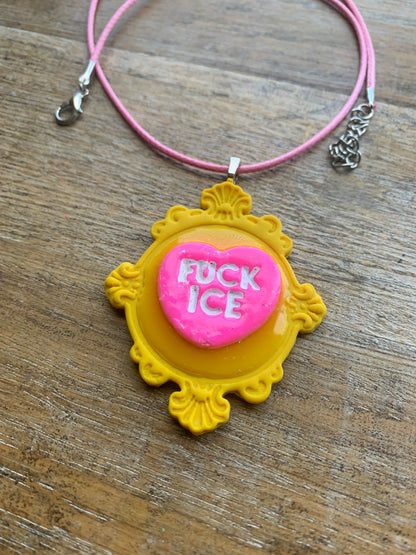Fuck Ice Neon Cameo Frame Clay Corded Pink & Yellow Protest Necklace