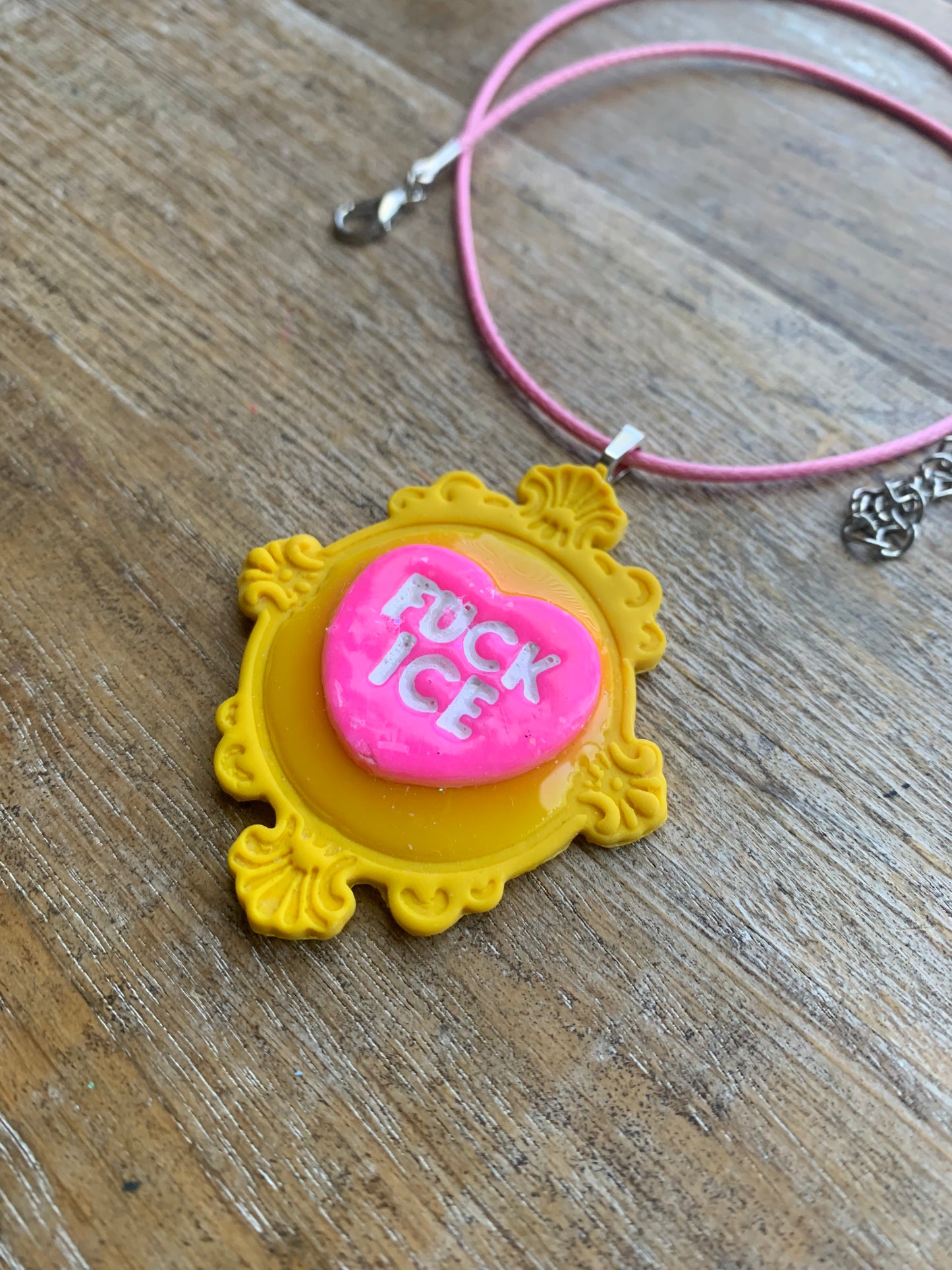 Fuck Ice Neon Cameo Frame Clay Corded Pink & Yellow Protest Necklace