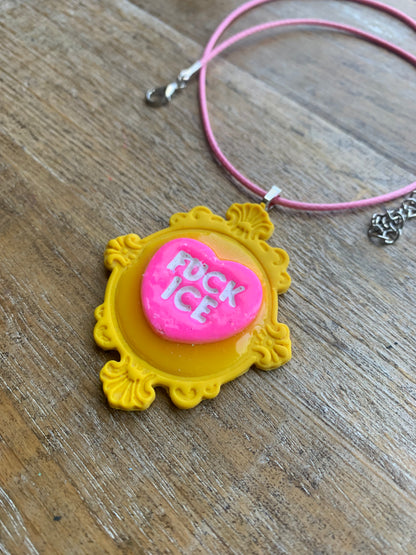 Fuck Ice Neon Cameo Frame Clay Corded Pink & Yellow Protest Necklace