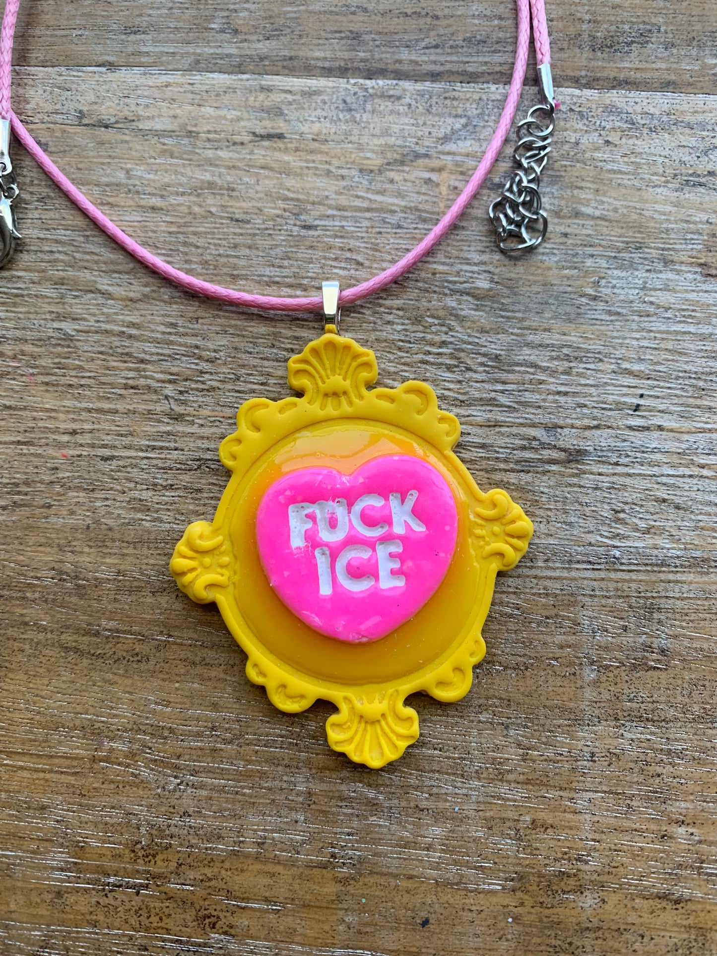 Fuck Ice Neon Cameo Frame Clay Corded Pink & Yellow Protest Necklace