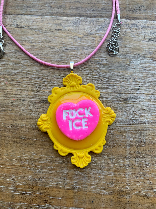 Fuck Ice Neon Cameo Frame Clay Corded Pink & Yellow Protest Necklace
