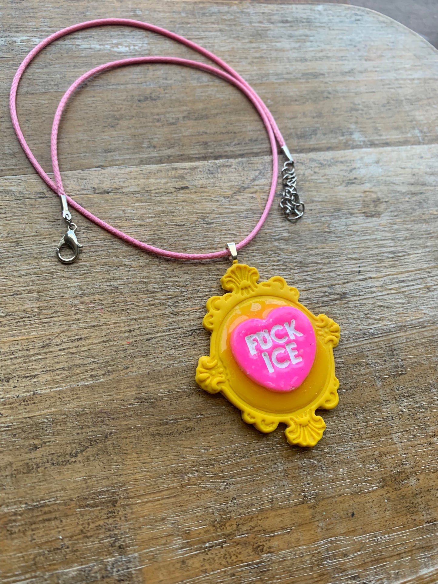 Fuck Ice Neon Cameo Frame Clay Corded Pink & Yellow Protest Necklace