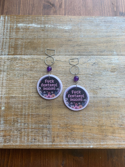 Fuck Fentanyl Dealers Amethyst Tunnel Gauge Earrings Clay Clip On Earrings Addiction Awareness Earrings