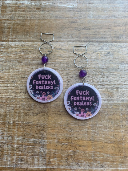 Fuck Fentanyl Dealers Amethyst Tunnel Gauge Earrings Clay Clip On Earrings Addiction Awareness Earrings