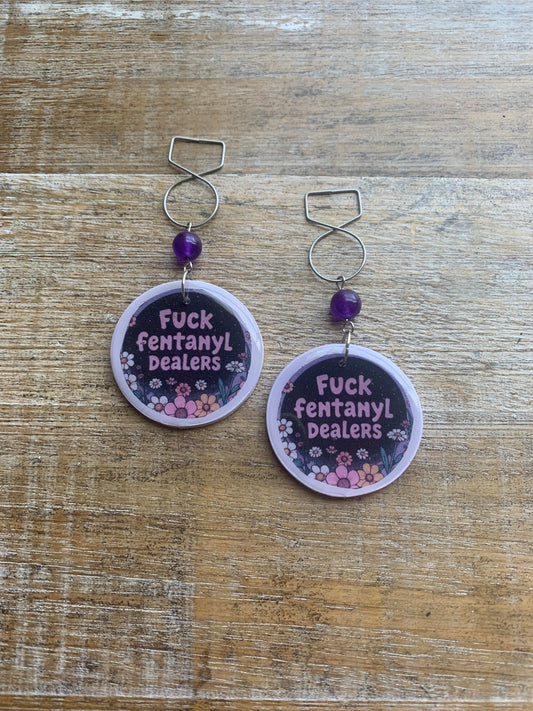 Fuck Fentanyl Dealers Amethyst Tunnel Gauge Earrings Clay Clip On Earrings Addiction Awareness Earrings
