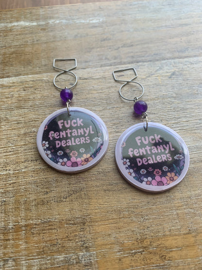 Fuck Fentanyl Dealers Amethyst Tunnel Gauge Earrings Clay Clip On Earrings Addiction Awareness Earrings