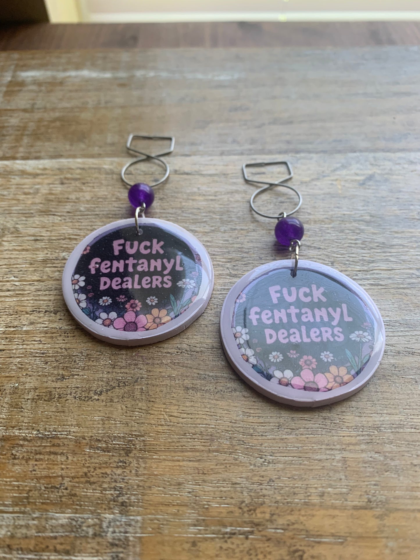 Fuck Fentanyl Dealers Amethyst Tunnel Gauge Earrings Clay Clip On Earrings Addiction Awareness Earrings