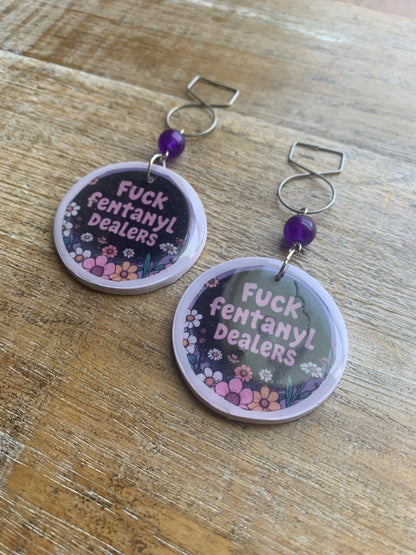Fuck Fentanyl Dealers Amethyst Tunnel Gauge Earrings Clay Clip On Earrings Addiction Awareness Earrings